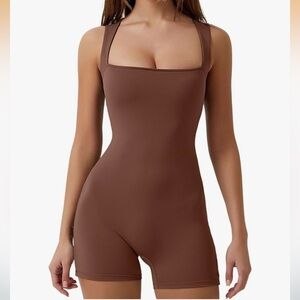 QINSEN Square Neck Athletic Romper in Brown | Buttery Soft, Built in Bra | Small